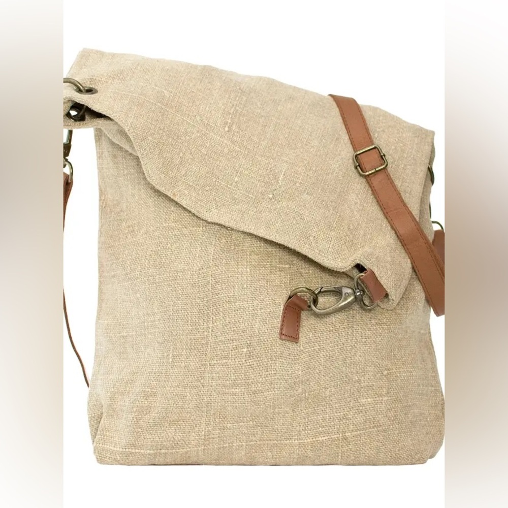 Vintage Addiction foldover crossbody Ash Grey & Jute messenger bag Leather Trim - Picture 6 of 8